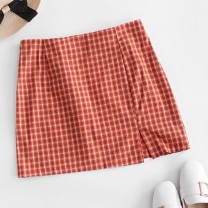 Orange and navy plaid mini skirt